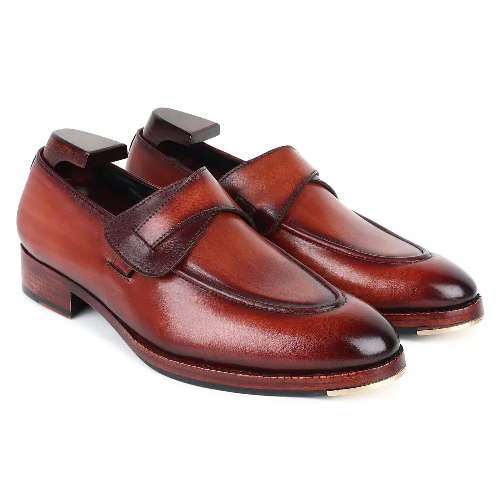 Tan Mirror Glossed Washed Patina Butterfly Loafers   Metal Toe