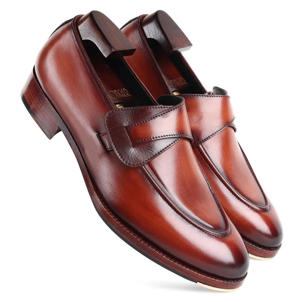 Tan Mirror Glossed Washed Patina Butterfly Loafers   Metal Toe