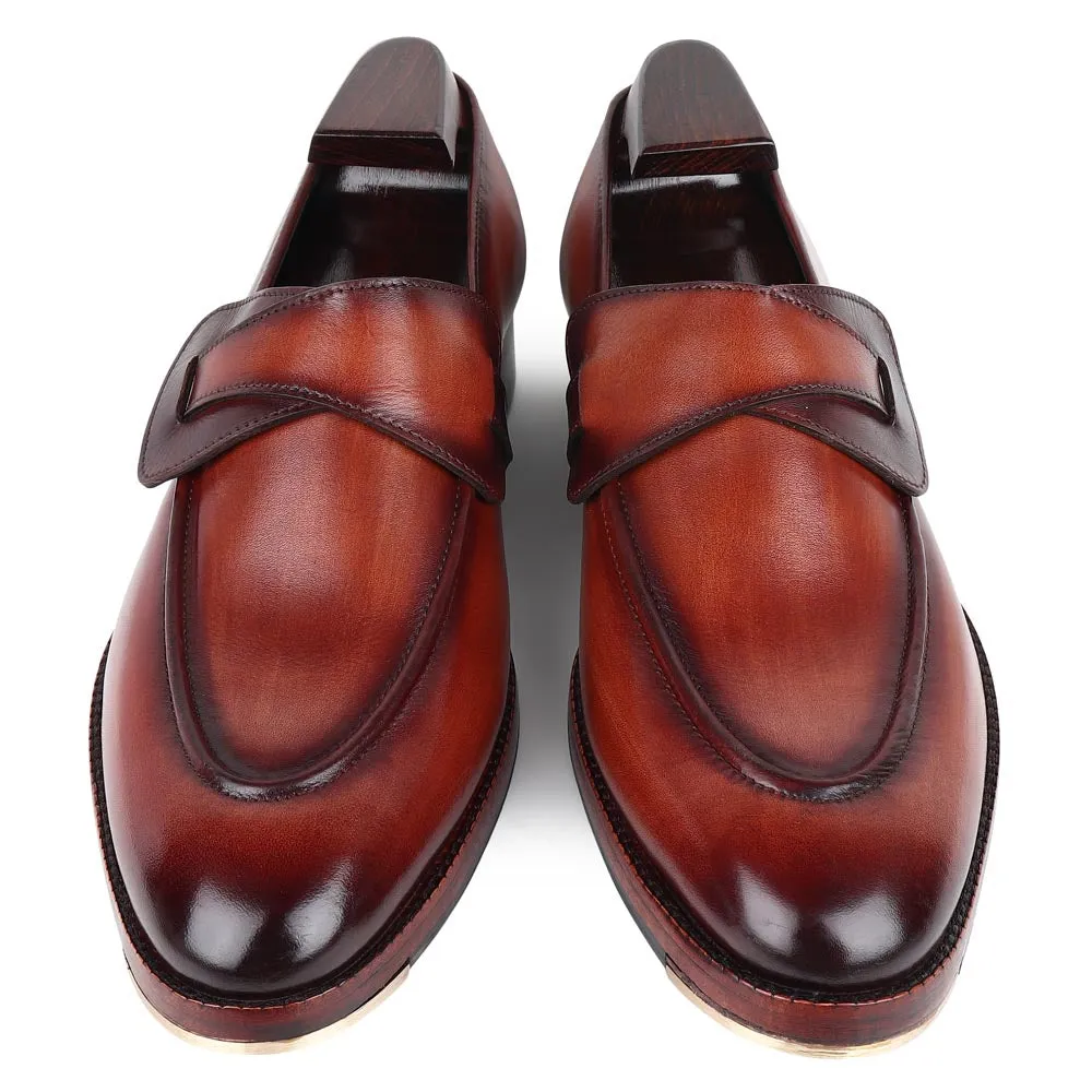 Tan Mirror Glossed Washed Patina Butterfly Loafers   Metal Toe