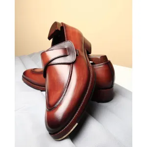 Tan Mirror Glossed Washed Patina Butterfly Loafers   Metal Toe