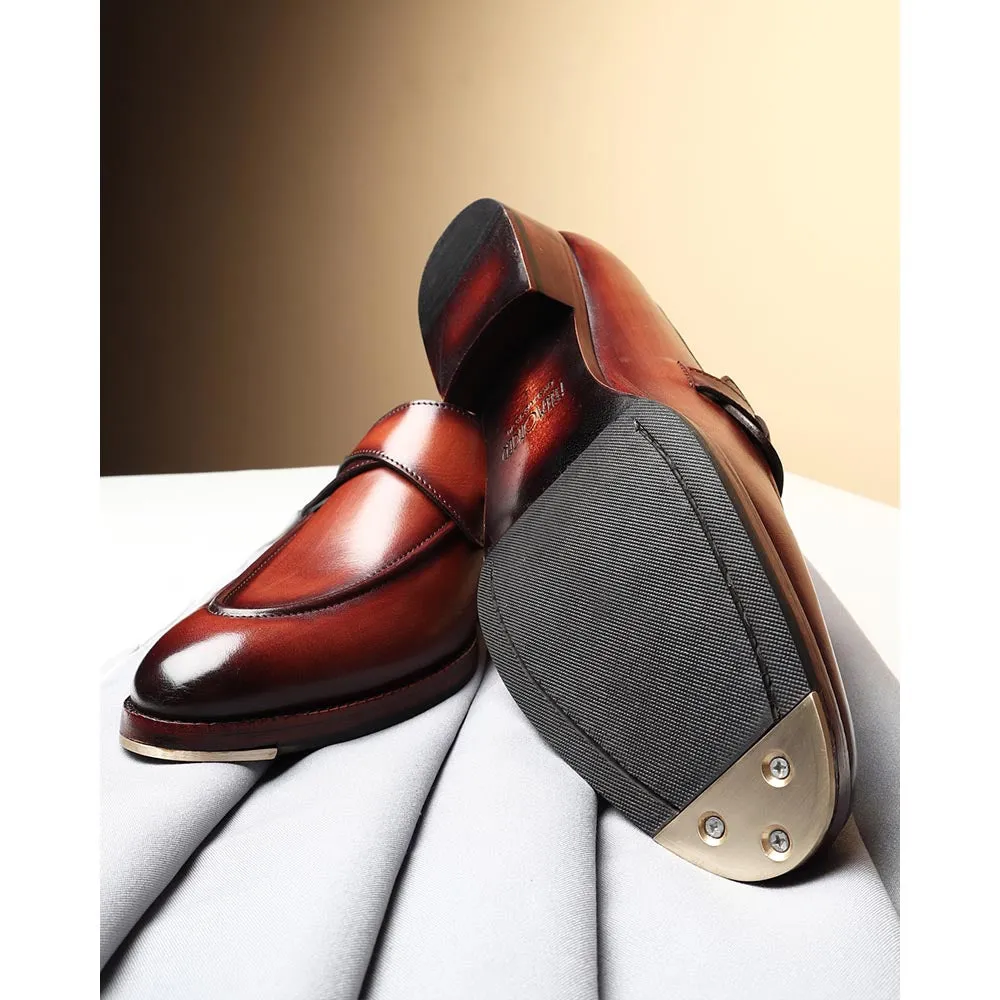 Tan Mirror Glossed Washed Patina Butterfly Loafers   Metal Toe