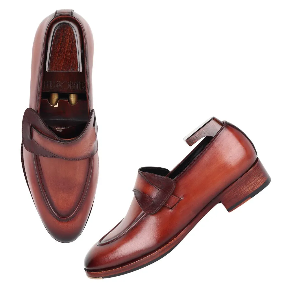 Tan Mirror Glossed Washed Patina Butterfly Loafers   Metal Toe