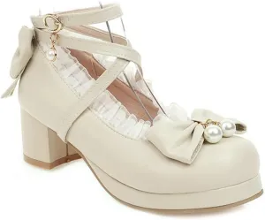 VOKLIN Women's Girls Lolita Mary Jane Pumps Sweet Bow Cross Ankle Strap Platform Mid Heel Oxford Dress Shoes White