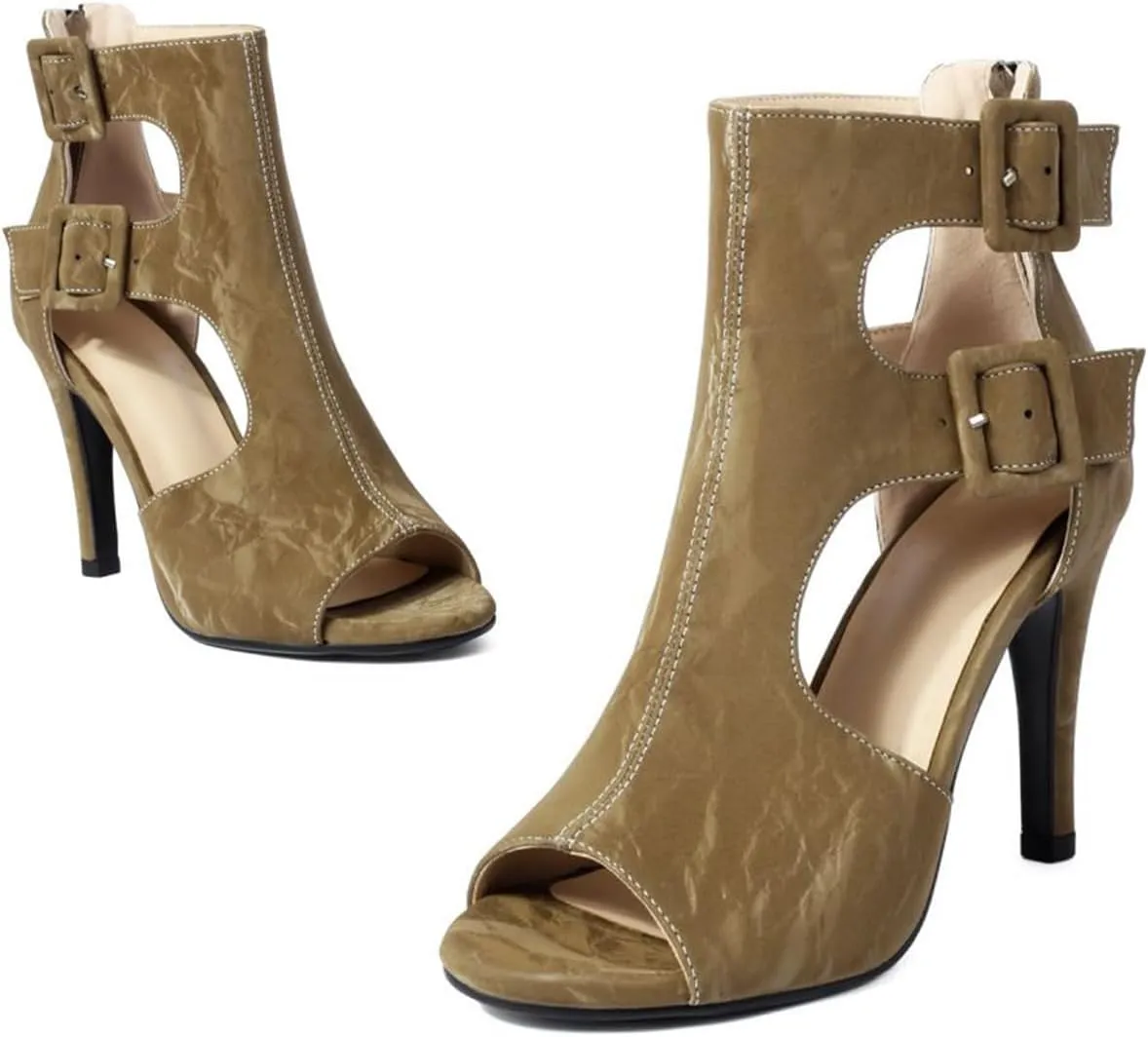 Women High Heel Open Toe Booties Back Zipper Cut-out Sandals Boots Buckled Ankle Strap Stiletto Summer Booties for Ladies Girls Dressy Sexy Wedding Party Office Dance Shoes Fashion 4-13 M US