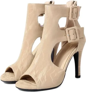 Women High Heel Open Toe Booties Back Zipper Cut-out Sandals Boots Buckled Ankle Strap Stiletto Summer Booties for Ladies Girls Dressy Sexy Wedding Party Office Dance Shoes Fashion 4-13 M US
