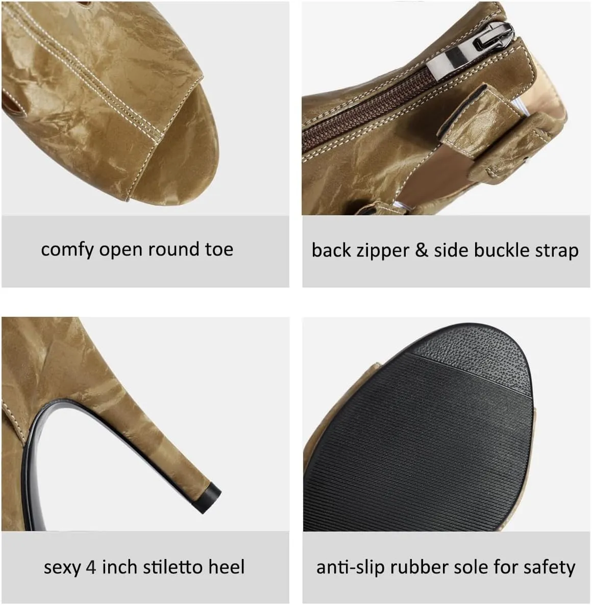 Women High Heel Open Toe Booties Back Zipper Cut-out Sandals Boots Buckled Ankle Strap Stiletto Summer Booties for Ladies Girls Dressy Sexy Wedding Party Office Dance Shoes Fashion 4-13 M US