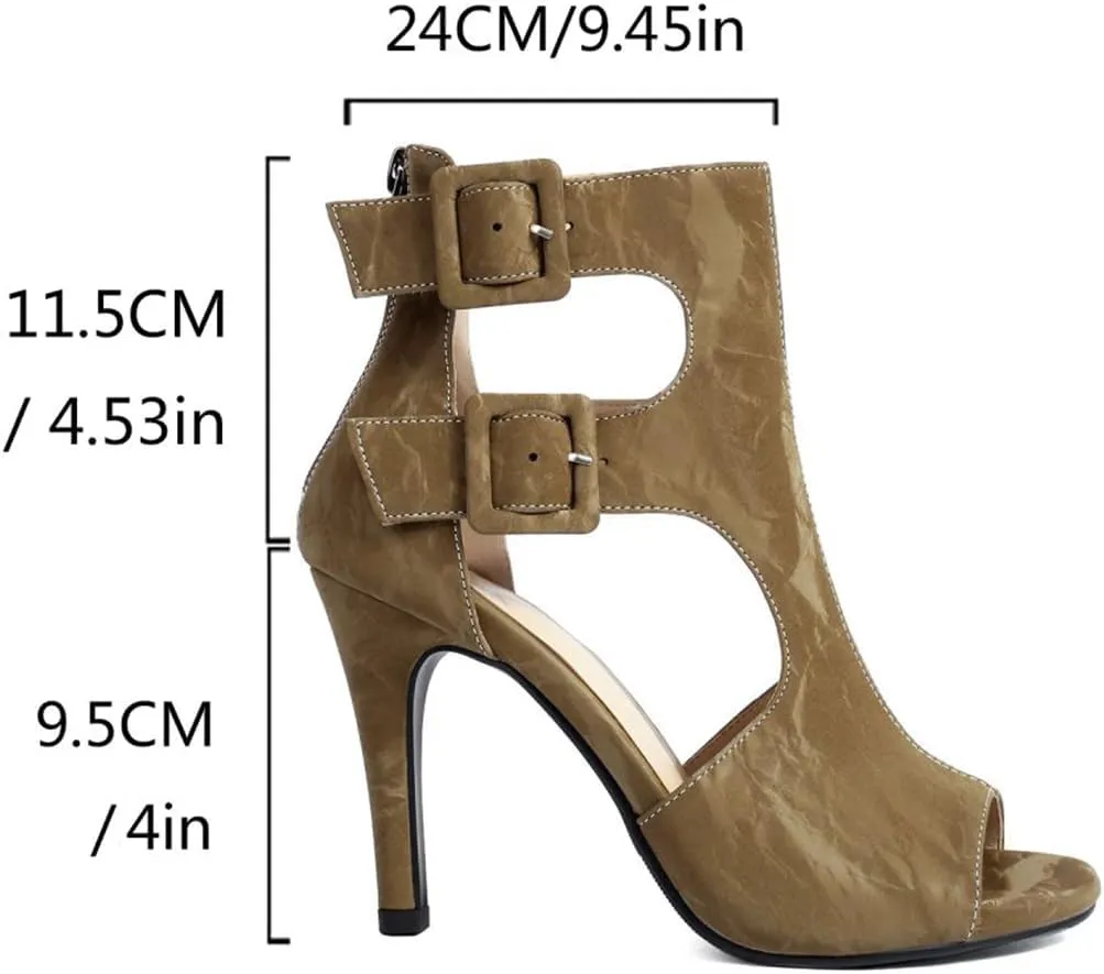 Women High Heel Open Toe Booties Back Zipper Cut-out Sandals Boots Buckled Ankle Strap Stiletto Summer Booties for Ladies Girls Dressy Sexy Wedding Party Office Dance Shoes Fashion 4-13 M US