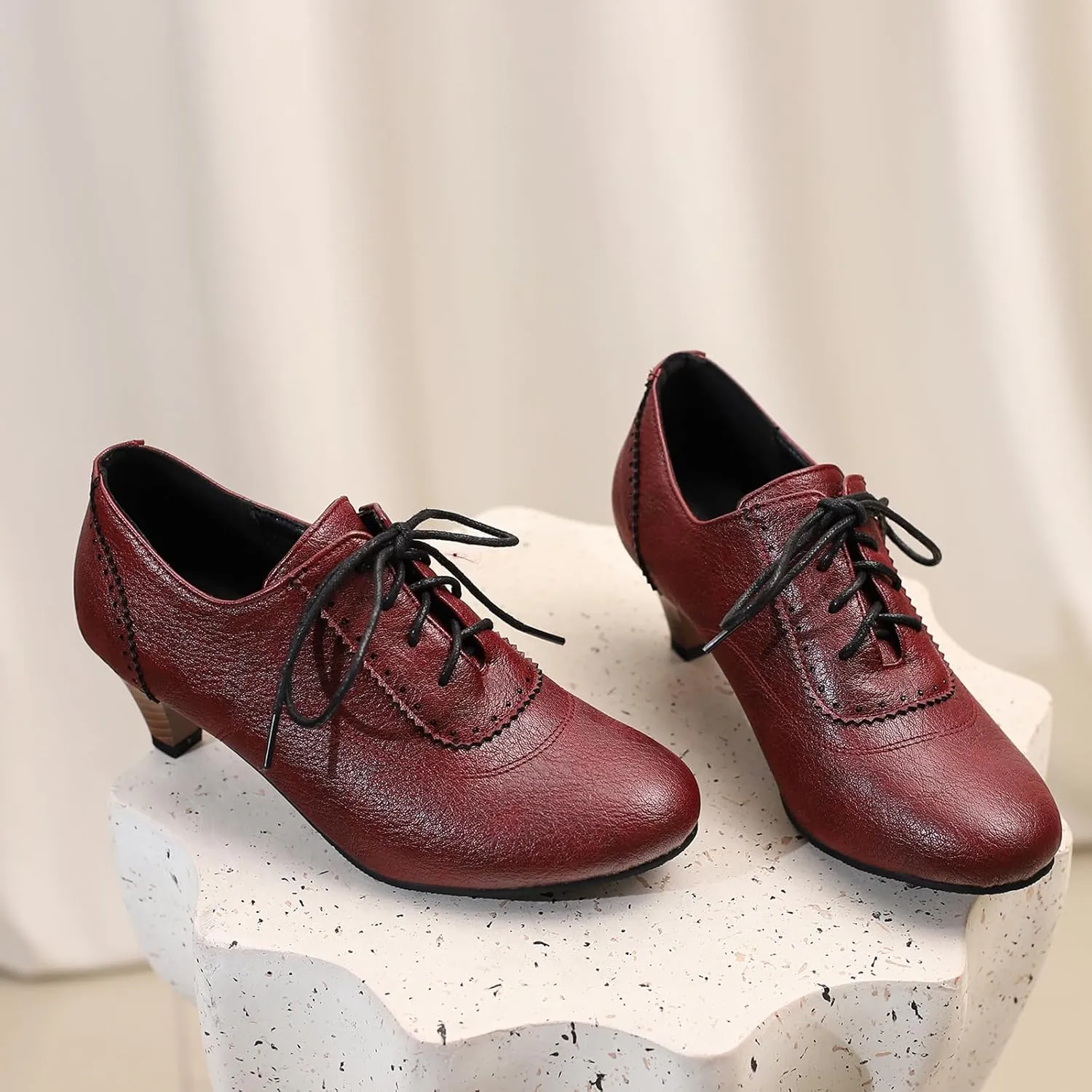 Women's Brown Classic Leather Stacked Heel Dress Mary Jane Round Toe Elegant Office Pumps