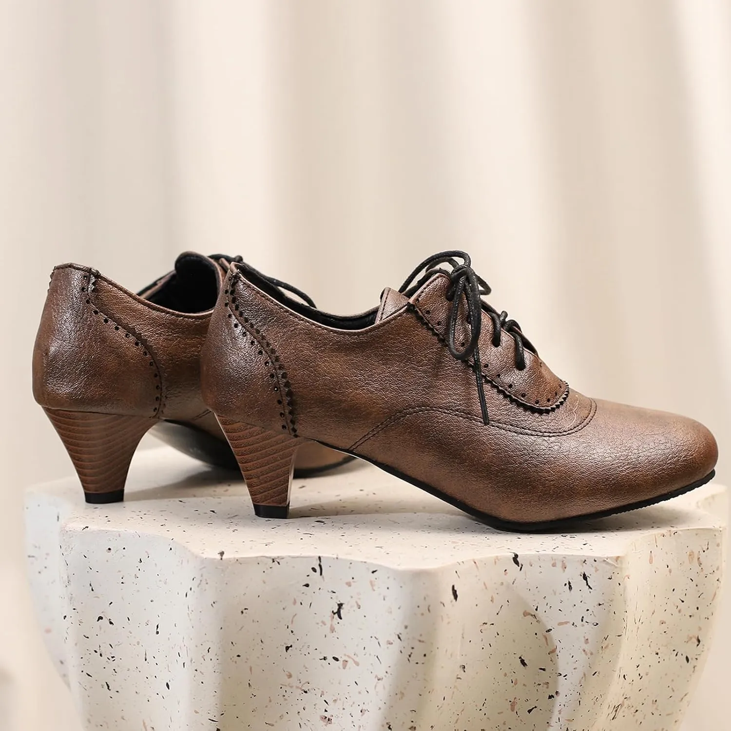 Women's Brown Classic Leather Stacked Heel Dress Mary Jane Round Toe Elegant Office Pumps