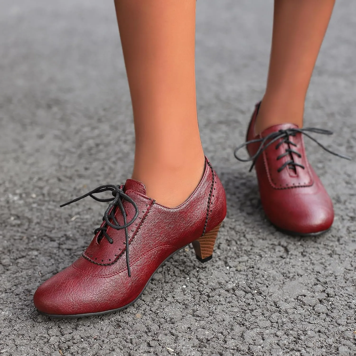 Women's Brown Classic Leather Stacked Heel Dress Mary Jane Round Toe Elegant Office Pumps