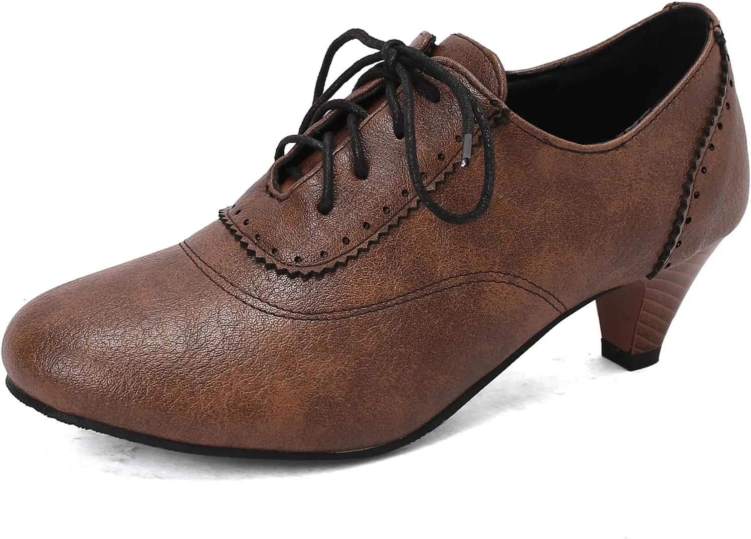 Women's Brown Classic Leather Stacked Heel Dress Mary Jane Round Toe Elegant Office Pumps