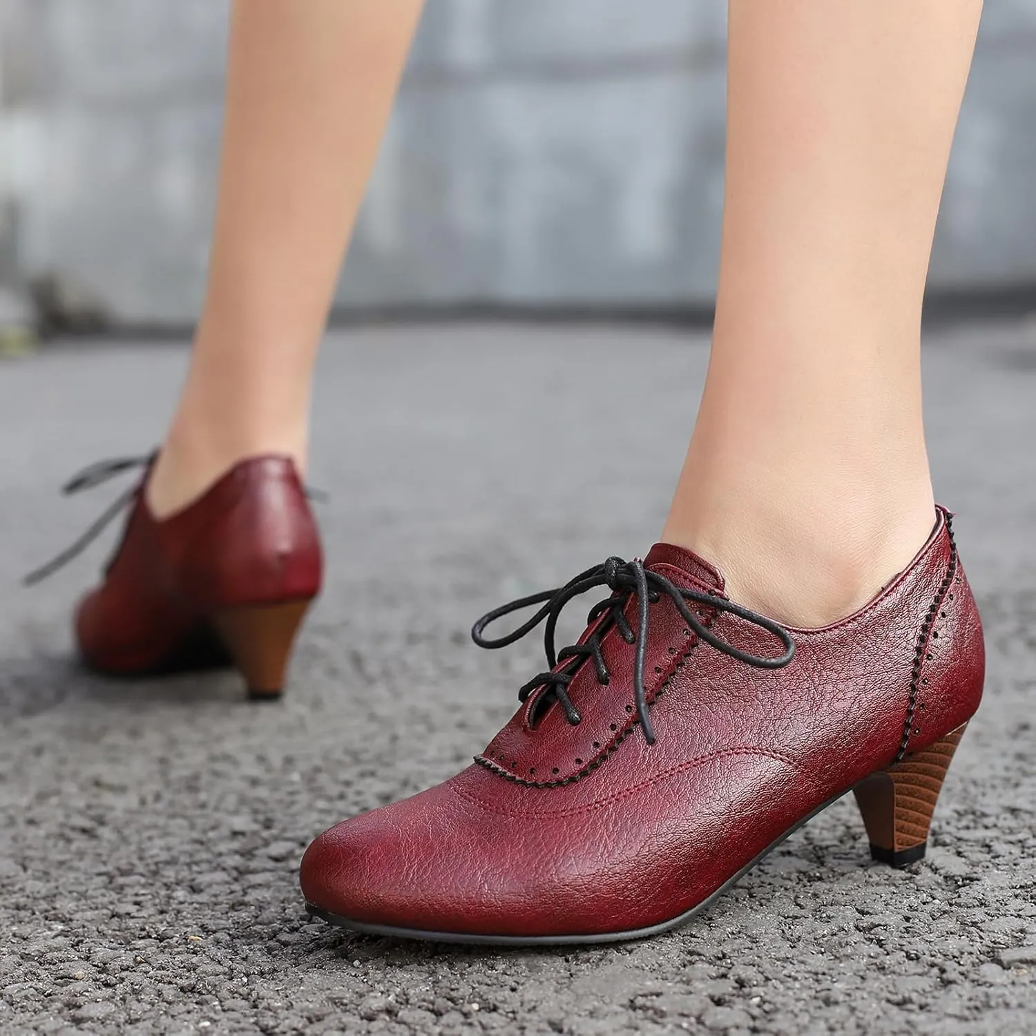 Women's Brown Classic Leather Stacked Heel Dress Mary Jane Round Toe Elegant Office Pumps