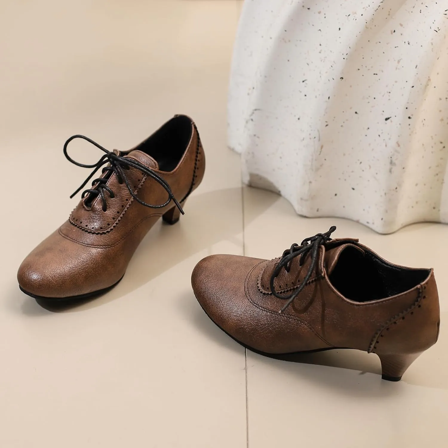 Women's Brown Classic Leather Stacked Heel Dress Mary Jane Round Toe Elegant Office Pumps