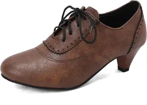 Women's Brown Classic Leather Stacked Heel Dress Mary Jane Round Toe Elegant Office Pumps