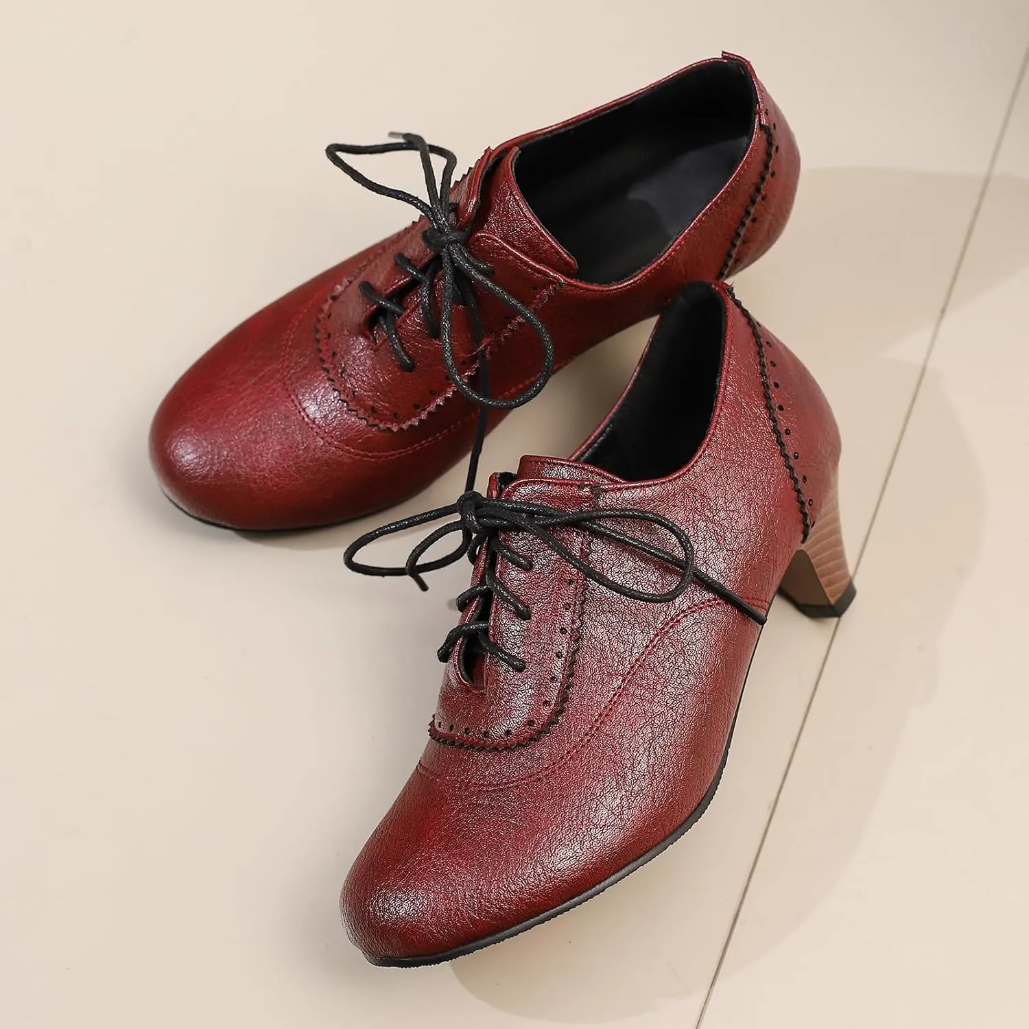 Women's Brown Classic Leather Stacked Heel Dress Mary Jane Round Toe Elegant Office Pumps