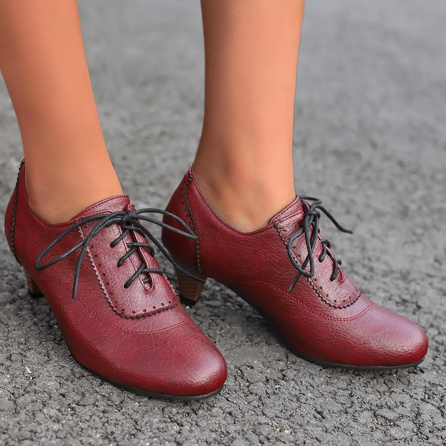 Women's Brown Classic Leather Stacked Heel Dress Mary Jane Round Toe Elegant Office Pumps