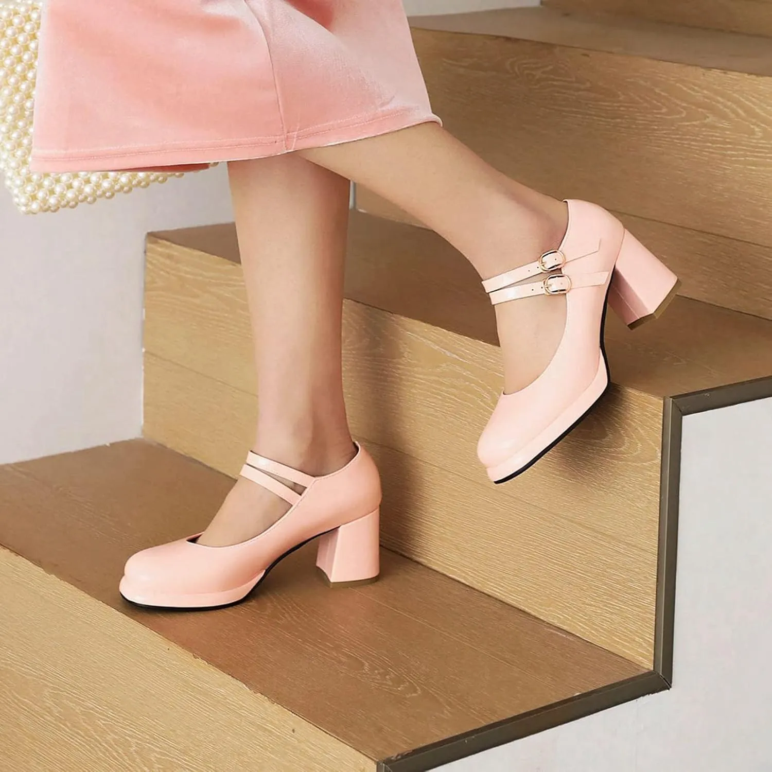 Women's Classic Mary Jane Pumps Round Toe Double Ankle Buckle Strap Chunky Block Heel Platform Shoes