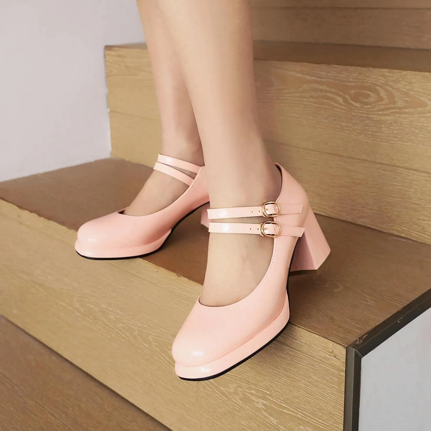 Women's Classic Mary Jane Pumps Round Toe Double Ankle Buckle Strap Chunky Block Heel Platform Shoes