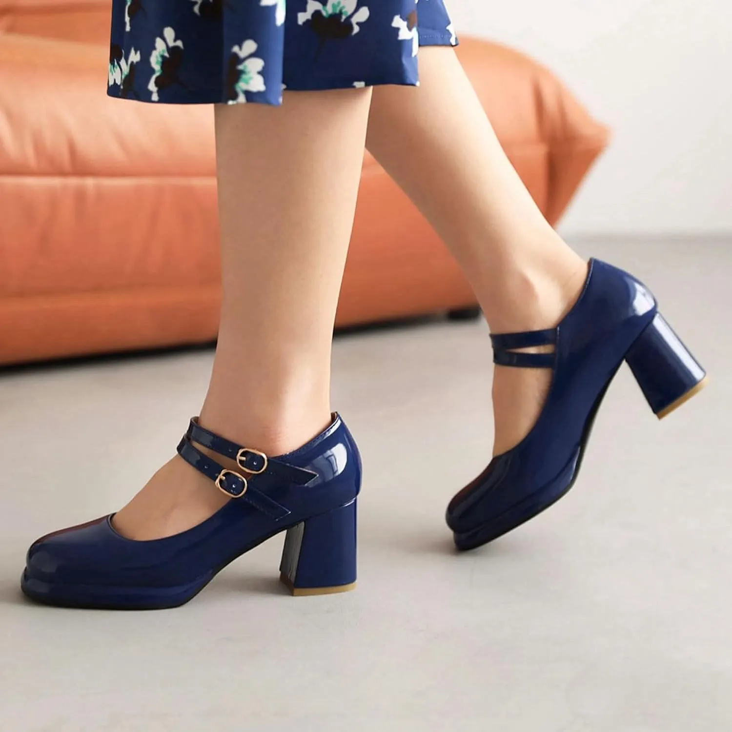 Women's Classic Mary Jane Pumps Round Toe Double Ankle Buckle Strap Chunky Block Heel Platform Shoes