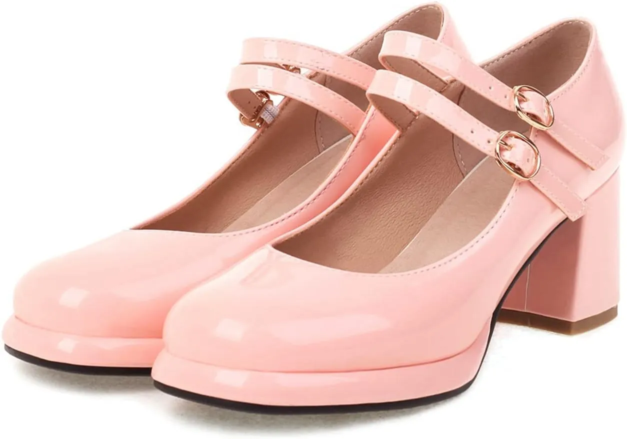 Women's Classic Mary Jane Pumps Round Toe Double Ankle Buckle Strap Chunky Block Heel Platform Shoes