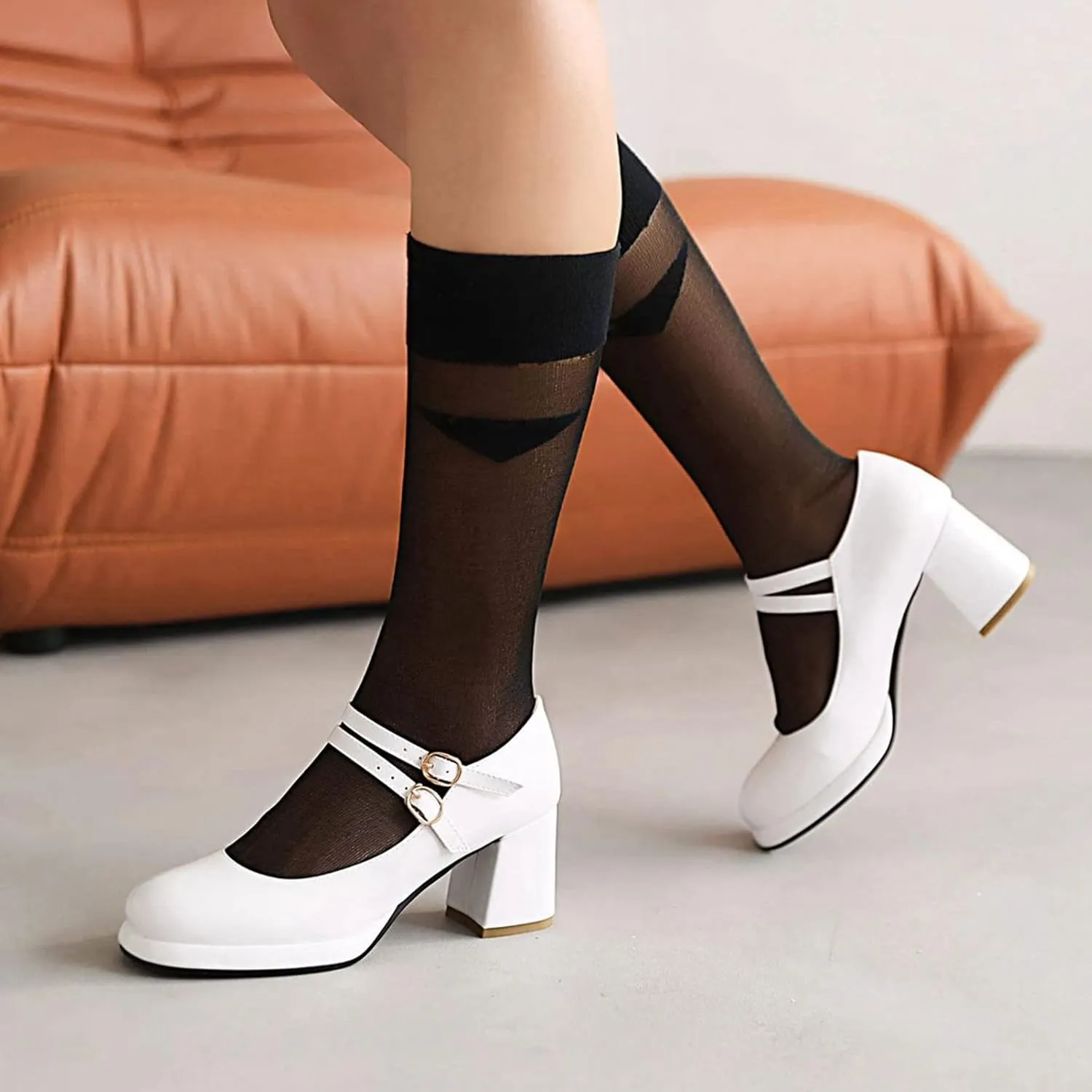 Women's Classic Mary Jane Pumps Round Toe Double Ankle Buckle Strap Chunky Block Heel Platform Shoes