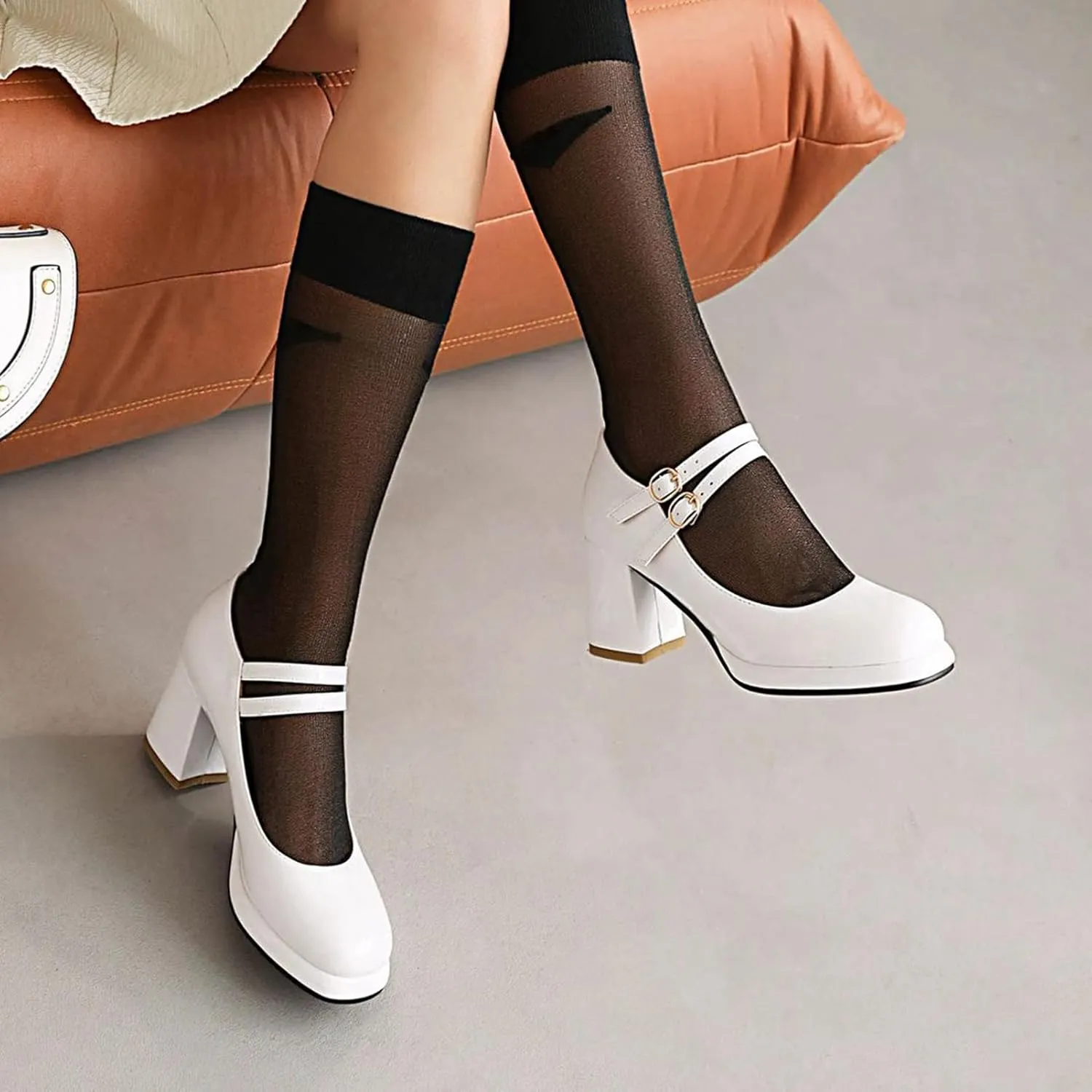 Women's Classic Mary Jane Pumps Round Toe Double Ankle Buckle Strap Chunky Block Heel Platform Shoes
