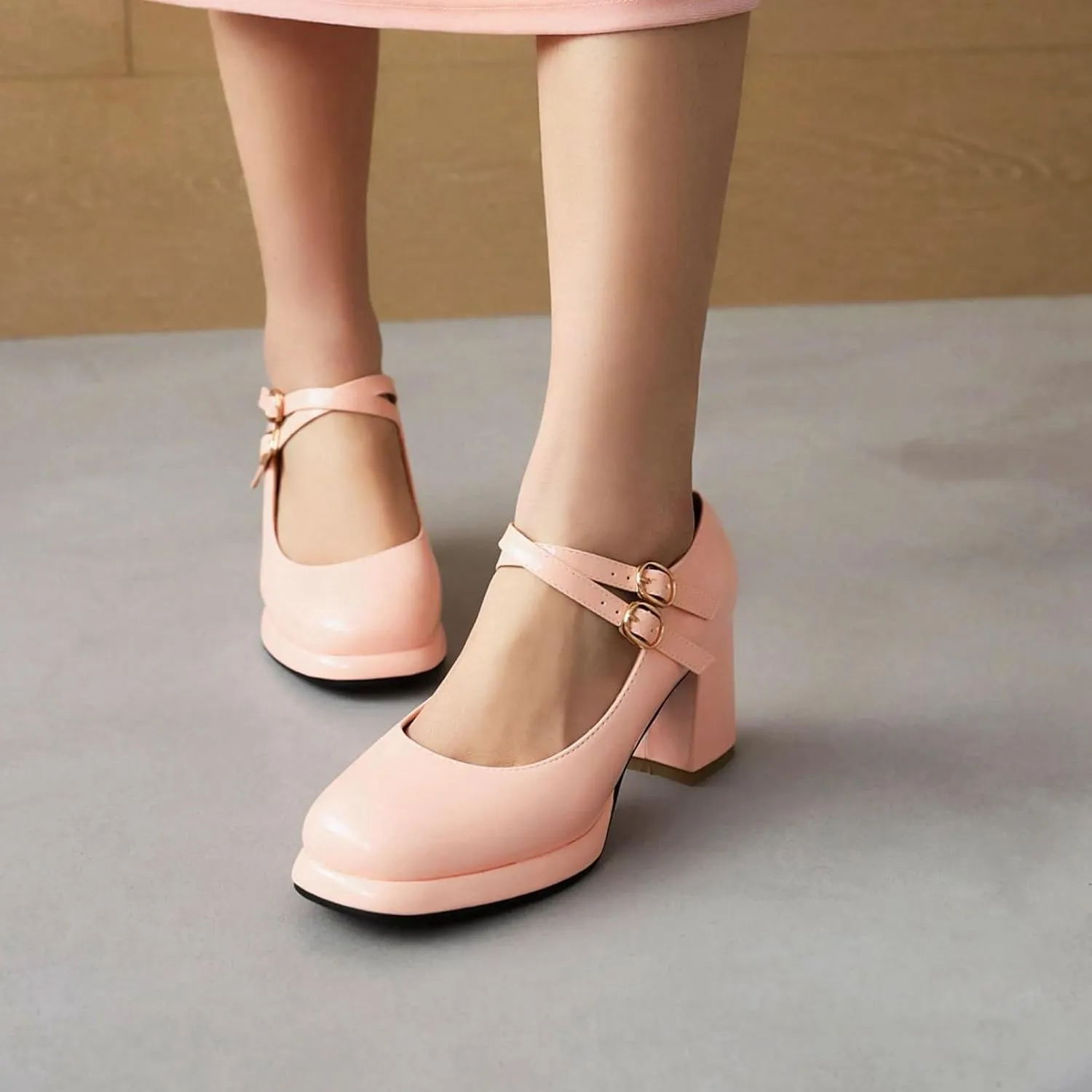 Women's Classic Mary Jane Pumps Round Toe Double Ankle Buckle Strap Chunky Block Heel Platform Shoes