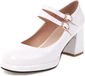 Women's Classic Mary Jane Pumps Round Toe Double Ankle Buckle Strap Chunky Block Heel Platform Shoes