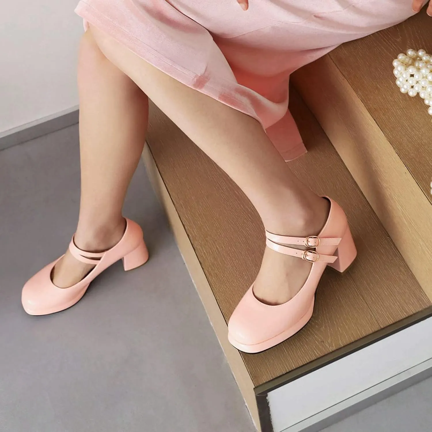 Women's Classic Mary Jane Pumps Round Toe Double Ankle Buckle Strap Chunky Block Heel Platform Shoes
