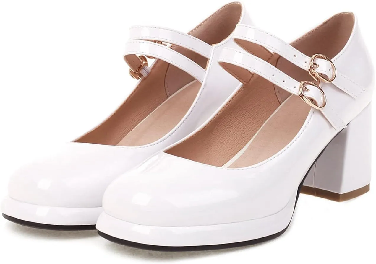 Women's Classic Mary Jane Pumps Round Toe Double Ankle Buckle Strap Chunky Block Heel Platform Shoes