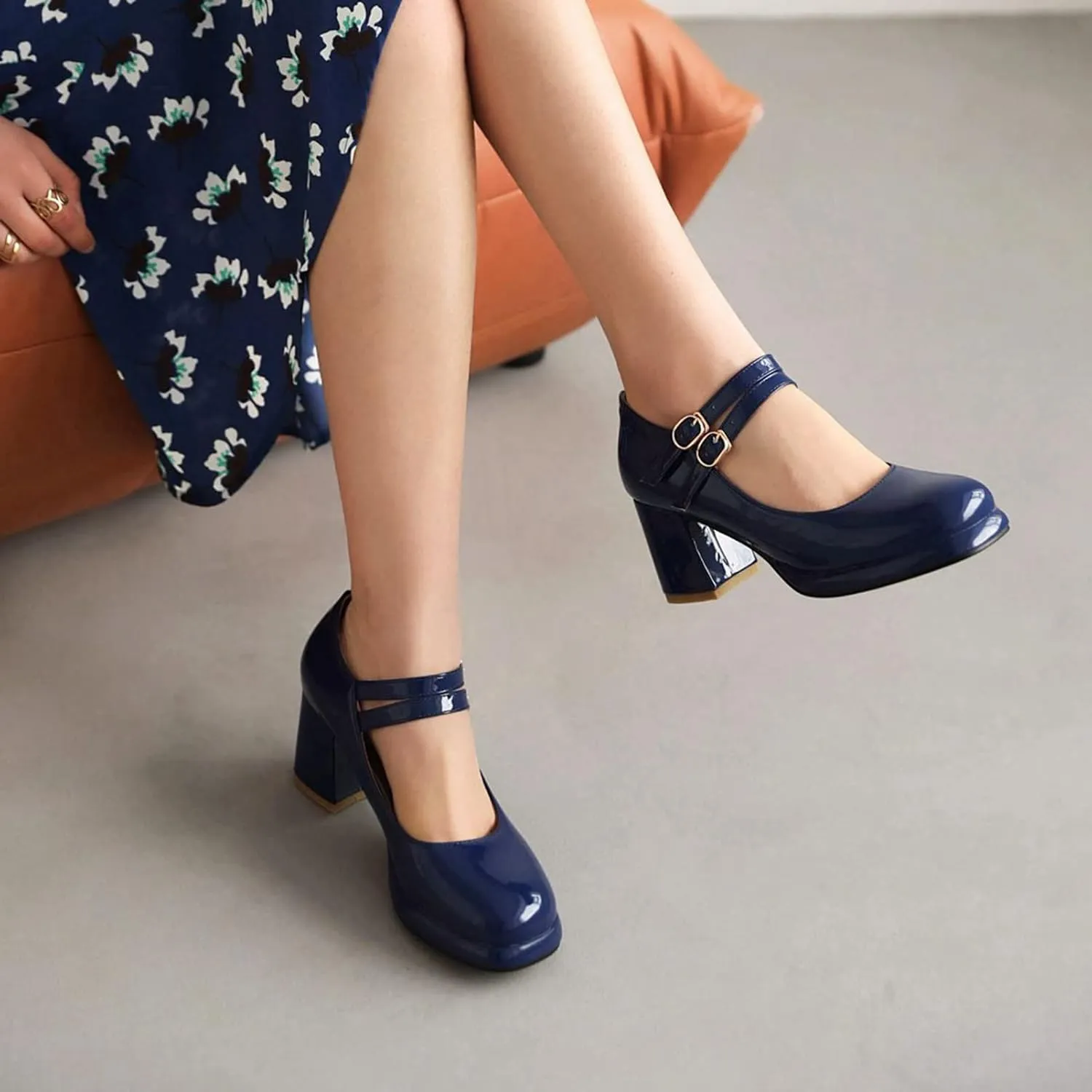 Women's Classic Mary Jane Pumps Round Toe Double Ankle Buckle Strap Chunky Block Heel Platform Shoes