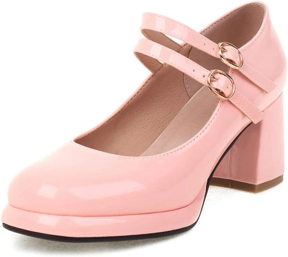 Women's Classic Mary Jane Pumps Round Toe Double Ankle Buckle Strap Chunky Block Heel Platform Shoes