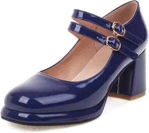 Women's Classic Mary Jane Pumps Round Toe Double Ankle Buckle Strap Chunky Block Heel Platform Shoes