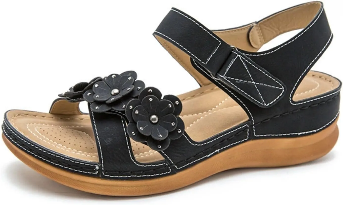 Womens Dressy Sandals Beach Summer Flower Leather Flat Sandals with Ankle Strap Open Toe Bohemian Lightweight Sandal Comfortable Walking Sandal