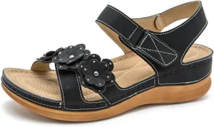 Womens Dressy Sandals Beach Summer Flower Leather Flat Sandals with Ankle Strap Open Toe Bohemian Lightweight Sandal Comfortable Walking Sandal