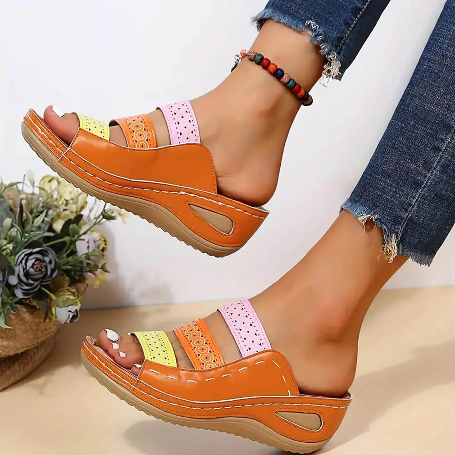 Women's Summer Beach Wedge Slides Sandals Casual Elastic Ankle Strap Platform Sandal Dress Sandals for Women