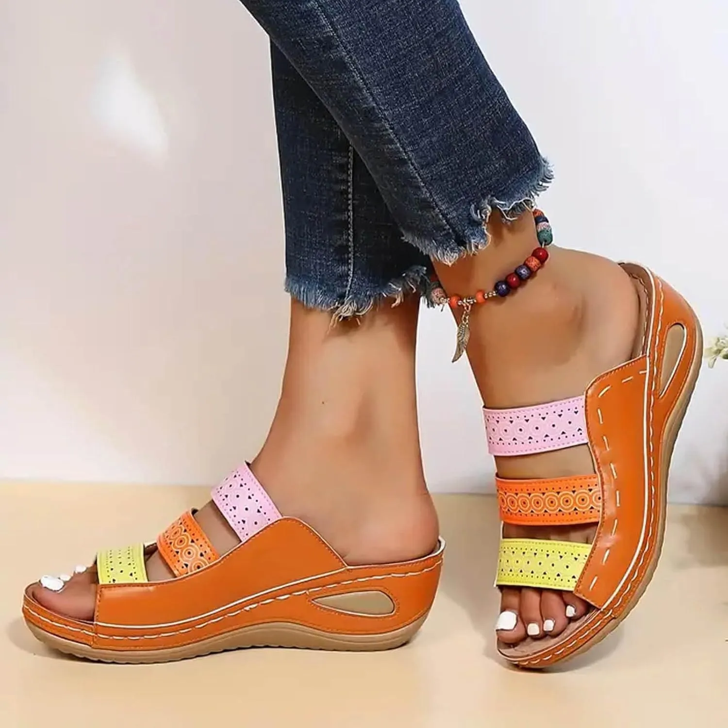 Women's Summer Beach Wedge Slides Sandals Casual Elastic Ankle Strap Platform Sandal Dress Sandals for Women